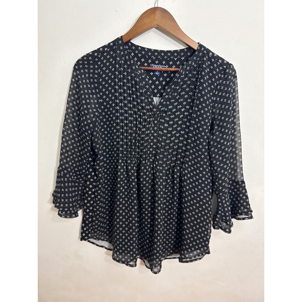 IZOD Blouse Womens‎ Small Black White Geometric Pintuck Ruffle 3/4 Sleeve Top